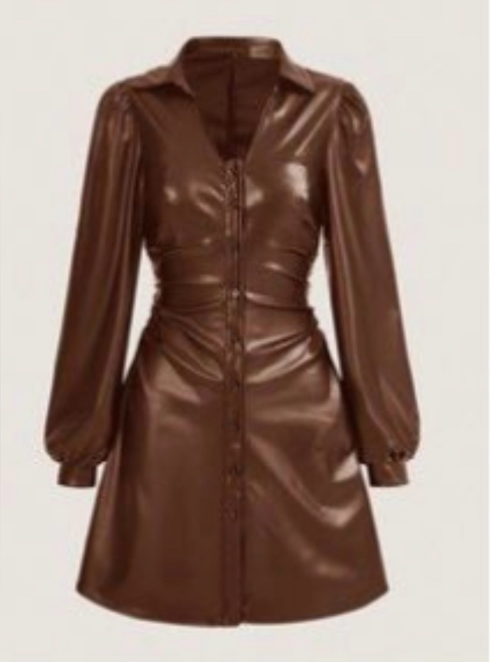Women's Brown Faux Leather Button-Front Jacket Dress